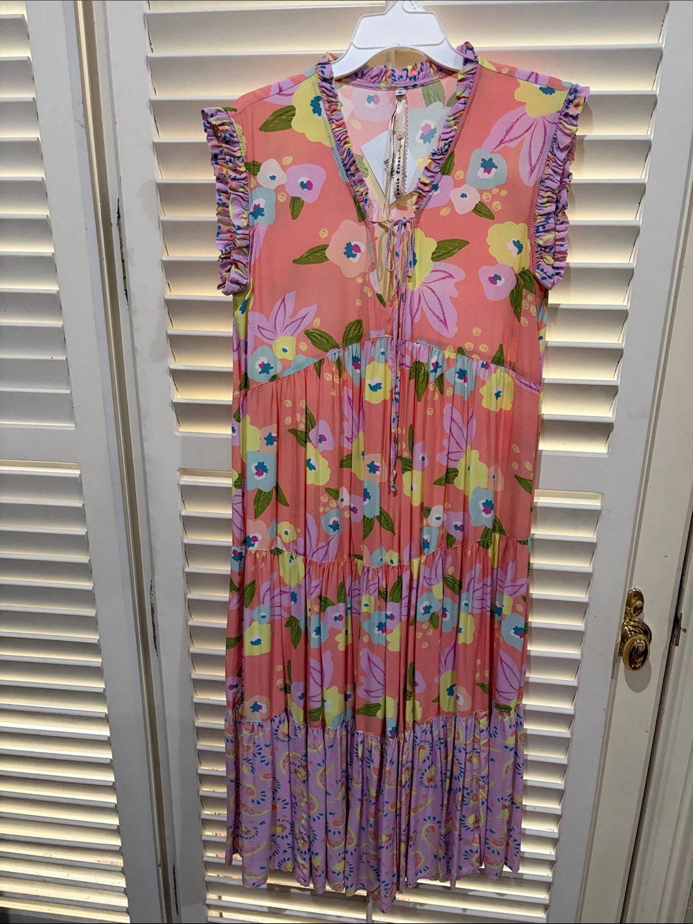Uncle Frank Corral Pink Multi Floral Ruffle Tie-Front Dress. Size small. NWT